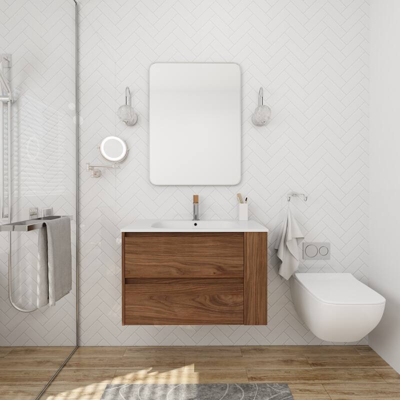 30" Wall-Mounted Bathroom Vanity with Gel Basin, Soft-Close 2/3 Extended Drawers, Adjustable Side Rack