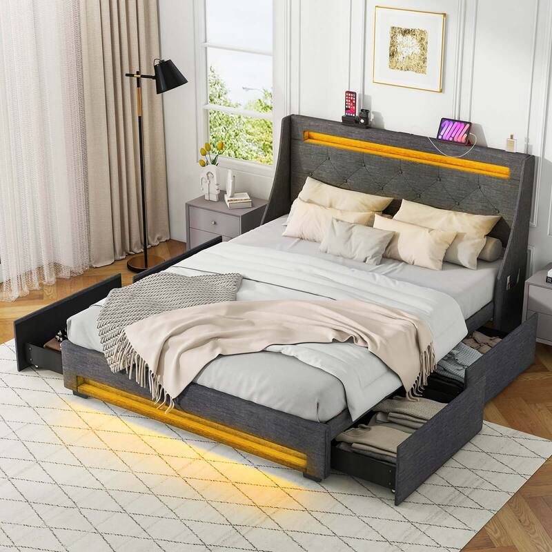 Costway Full/Queen Size Bed Frame with LED Lights & Charging Station