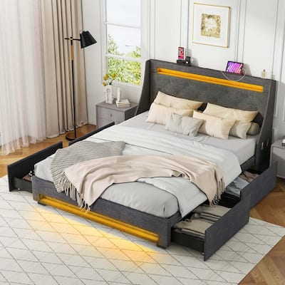 Full Size Bed Frame Upholstered Platform Bed w/ Wingback Headboard
