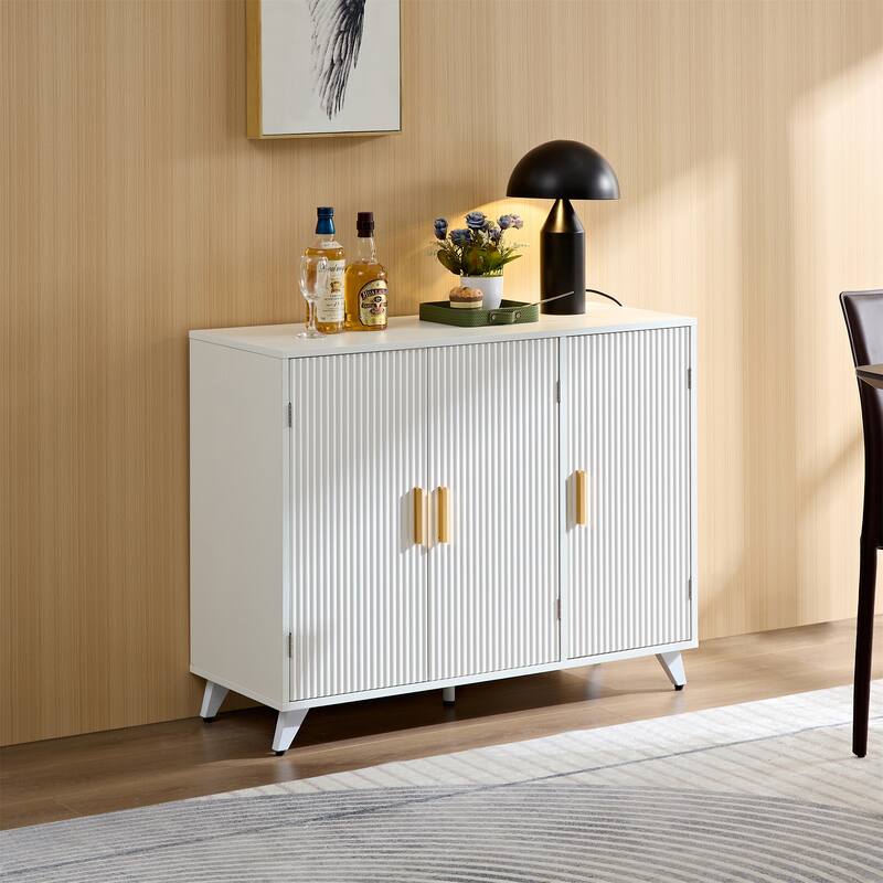 3 Doors Sideboard Buffet with Wavy Texture and Adjustable Shelves - White
