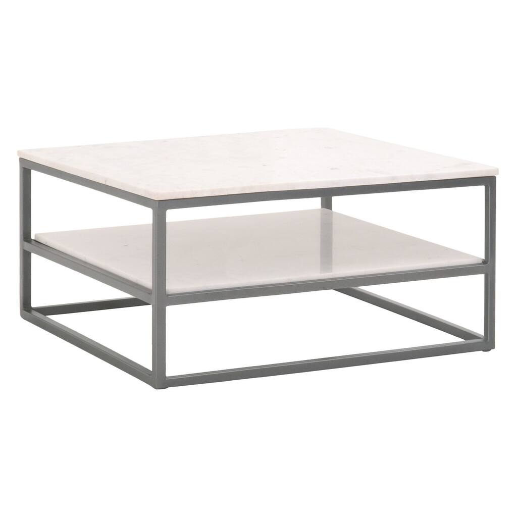 42 Inch Metal and Marble Square Coffee Table, White and Gray