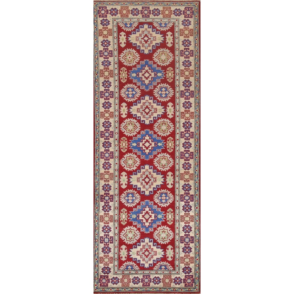 Hand Knotted Oriental 100% Wool Carpet Traditional Geometric Red Kazak Runner Rug - 8' 7'' X 2' 8''