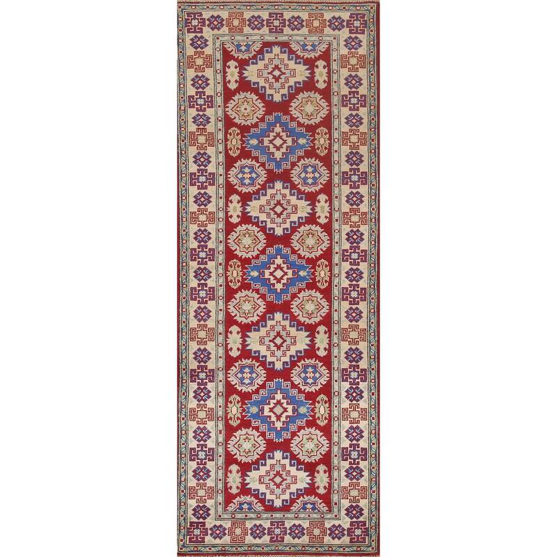 Hand Knotted Oriental 100% Wool Carpet Traditional Geometric Red Kazak Runner Rug - 8' 7'' X 2' 8''