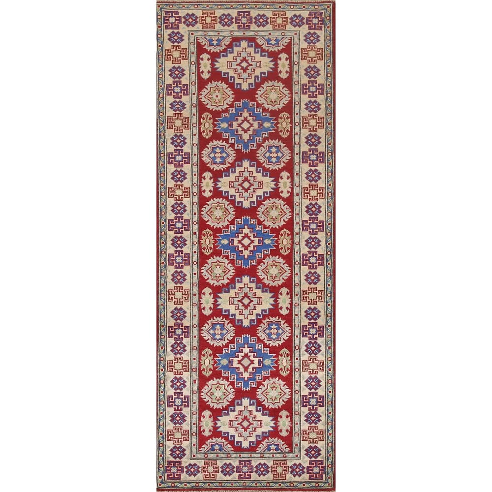 Hand Knotted Oriental 100% Wool Carpet Traditional Geometric Red Kazak Runner Rug - 8' 7'' X 2' 8''