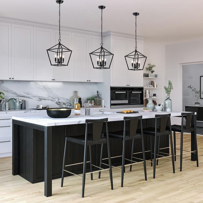 Matte Black 4-Light Lantern Pendant 12 in with Nickel or Black Sleeve