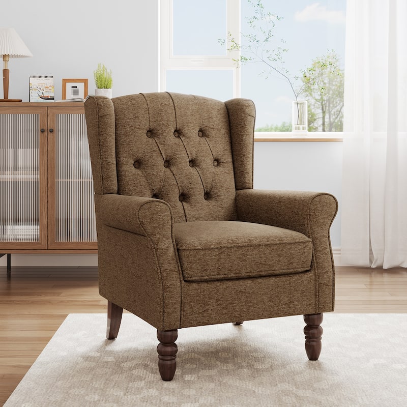 Button Tufted Wingback Accent Chair Upholstered Armchair - Brown-Chenille