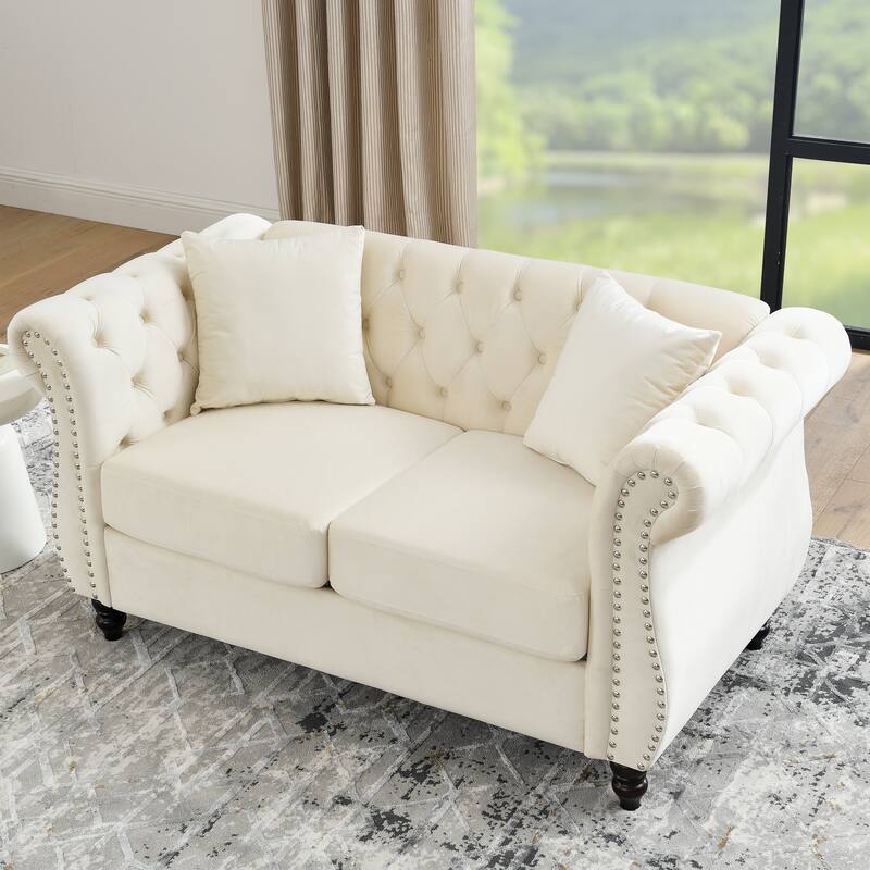 Elegant 58.8" Beige Velvet Chesterfield Sofa - 2-Seat Tufted Couch with Rolled Arms & Pillows