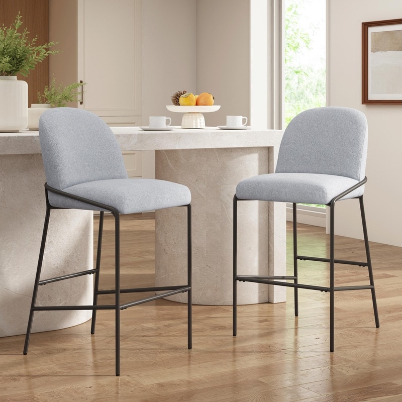 Galen Indoor Upholstered Metal Bar Stools with Gray Fabric and Antique Bronze Finish, Set of 2
