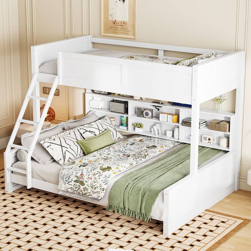 Twin XL / Full XL over Queen Size Bunk Bed with Storage Cabinets and Ladder, Multi-functional Kids Bed Frame with USB Ports
