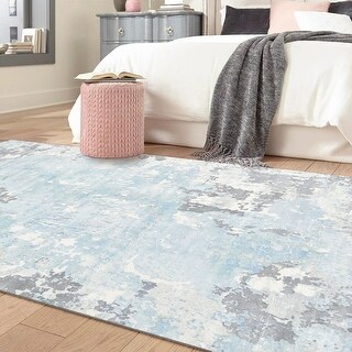 Contemporary Abstract Handmade Loomed Knotted Light Blue Area Rug