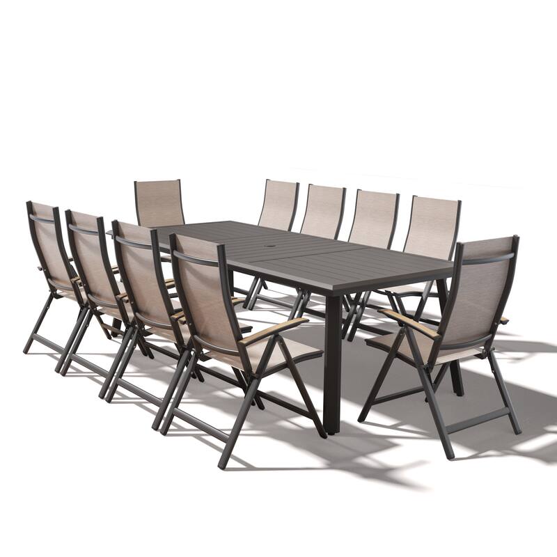 9/11/13-Piece Outdoor Patio Dining Set All-Weather Aluminum Dining Table with Umbrella Hole and Adjustable Folding Chairs - Espresso - Set of 11