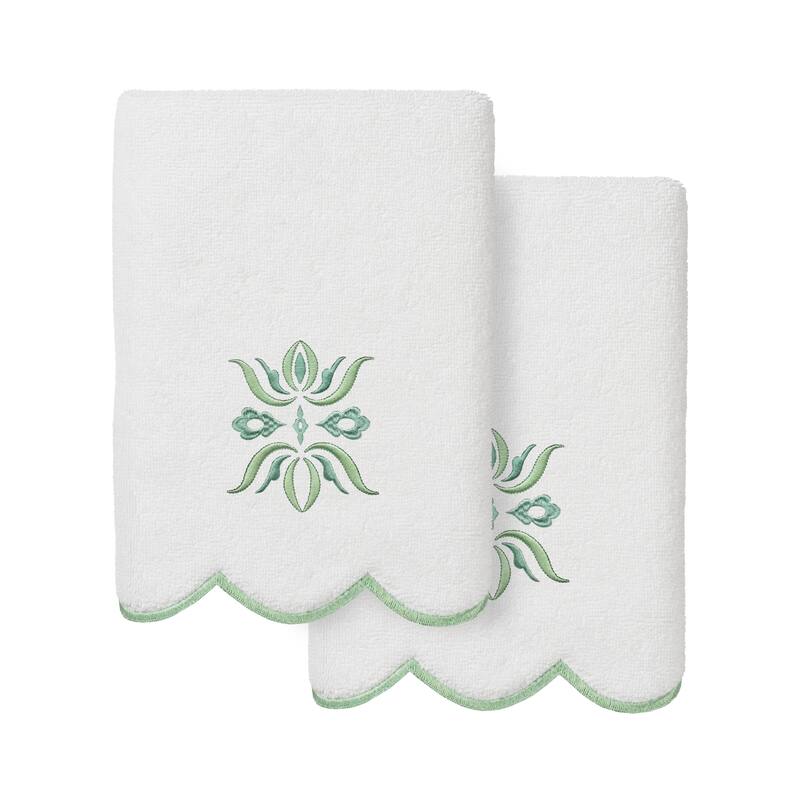 Authentic Hotel and Spa 100% Turkish Cotton FLOWER CREST Scallop Towel Collection - White/Green - 2 Hand Towels