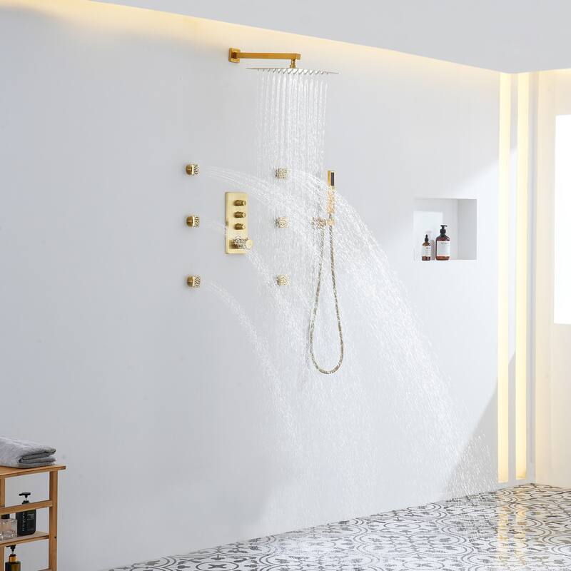 3 Functions 12 Inch Wall Mount Thermostatic Shower System in Brushed Gold