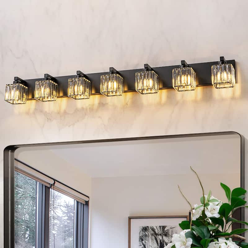 6/7 Light Bathroom Vanity Light Wall Sconce with Crystal Shade - 51.2" - Black