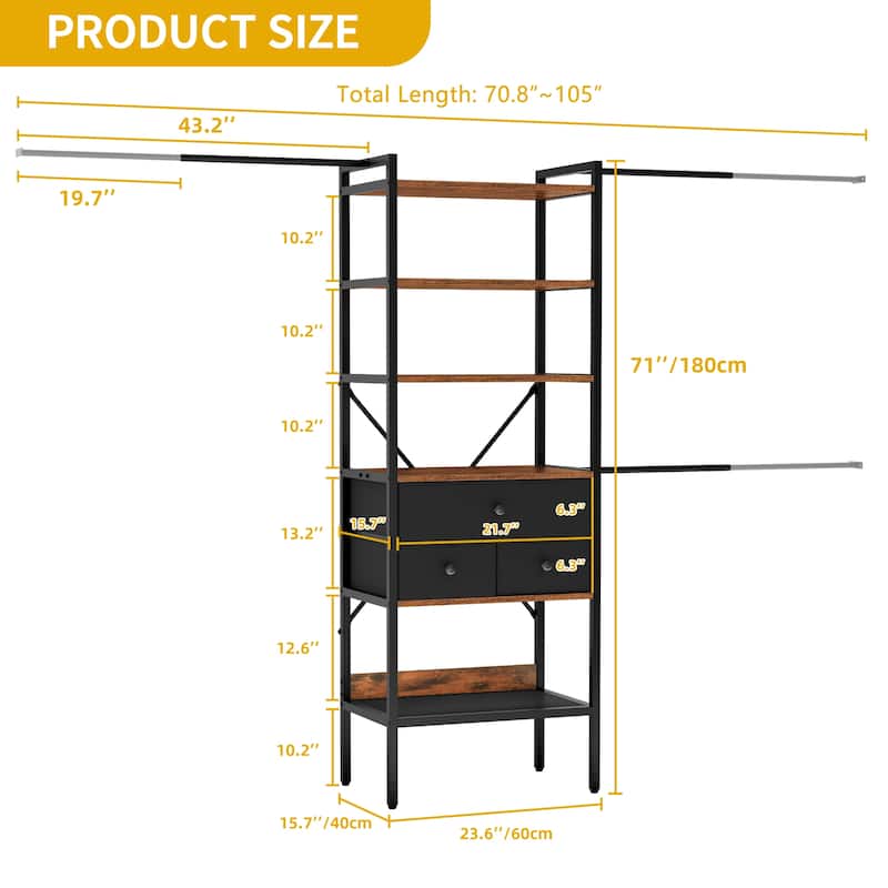 Moasis 5-Tier Wood Clothes Rack Expandable Hanger Rods with 3 Drawer