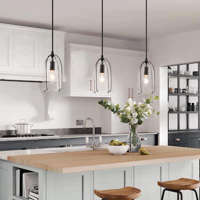 Modern Farmhouse Mini 1-light Kitchen Pendant Lights Cage Seeded Glass Ceiling Lights - D5'' x H68.5''