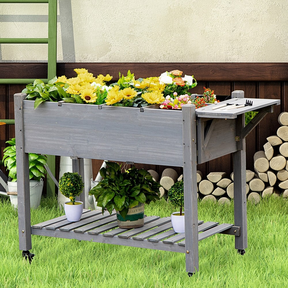Outsunny 49'' x 21'' x 34'' Raised Garden Bed w/ 8 Grow Grids, Outdoor Wood Plant Stand w/ Storage Shelf and Lockable Wheels