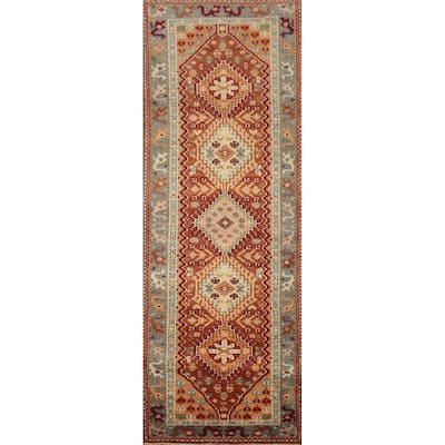 Hand Knotted Oriental 100% Wool Carpet Traditional Geometric Oranges & Rust Viss Runner Rug - 8' 3'' X 2' 7''
