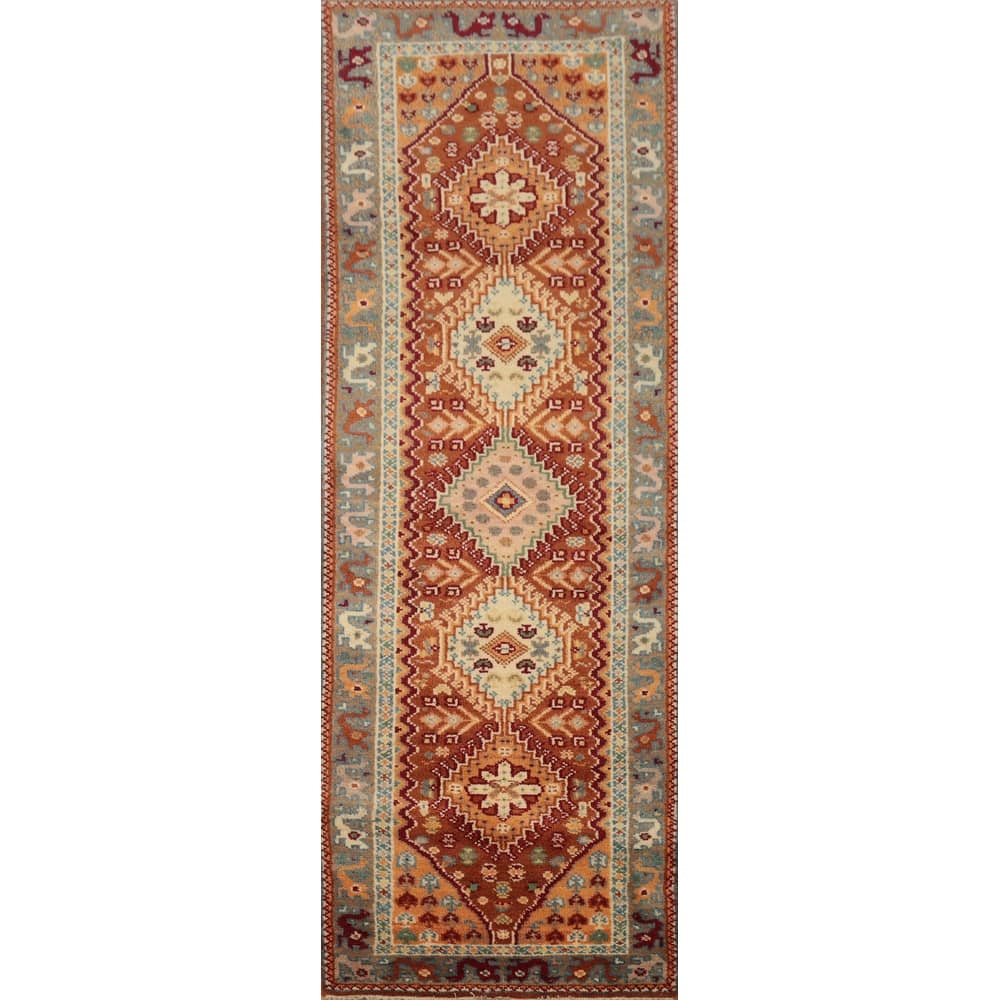 Hand Knotted Oriental 100% Wool Carpet Traditional Geometric Oranges & Rust Viss Runner Rug - 8' 3'' X 2' 7''