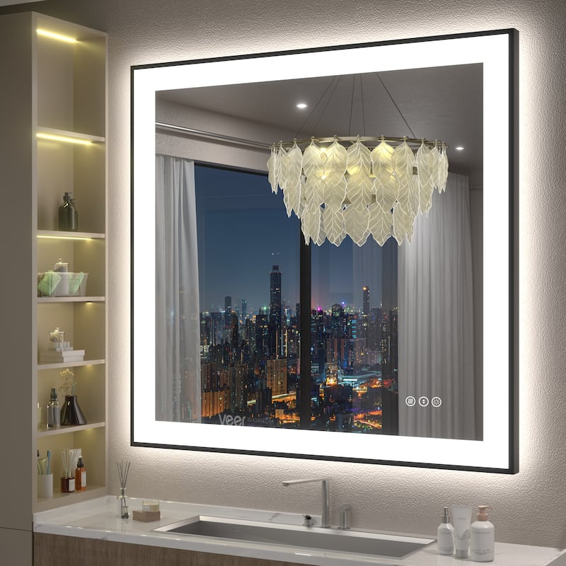 Front & Back LED Anti-Fog Tempered Glass Framed Bathroom/Vanity Mirror 3-Year Warranty - 40" x 38"-Square Corner - Black