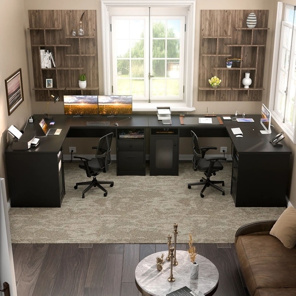 Modern Farmhouse L-Shape Desk with File Cabinet and Drawers, Homer
