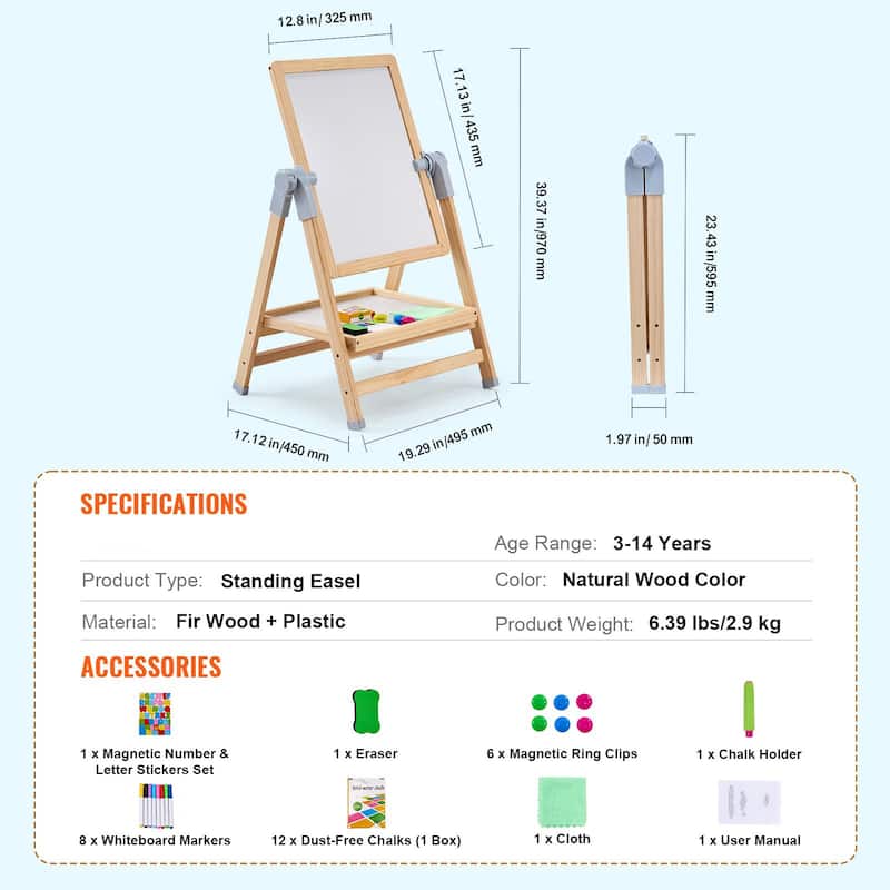 2-in-1 Natural Wooden Double-Sided Wooden Magnetic Whiteboard Chalkboard Art Easel - 19.29”L x 17.12”W x 39.37”H