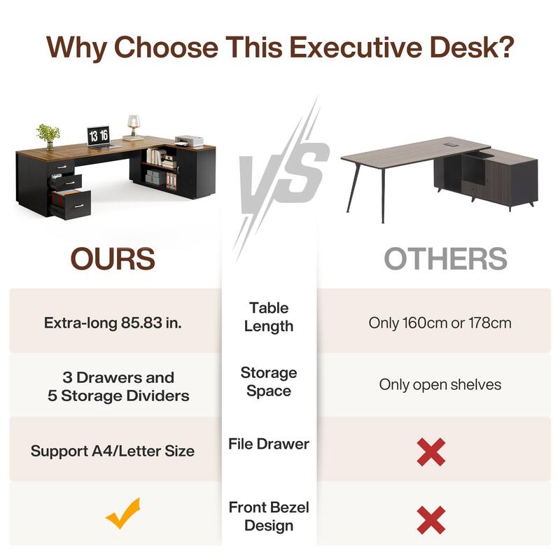 85.8" L-Shaped Executive Desk, Extra Large Office Desk with File Drawers