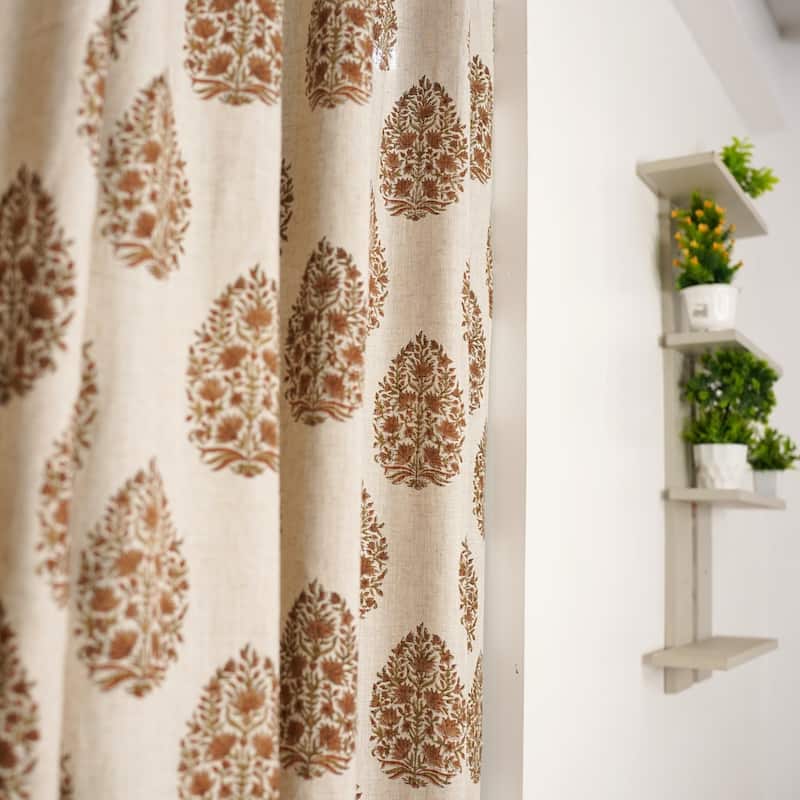 Fabdivine Handmade Floral Block Print Window or Door Room Décor Viscose Linen Curtain