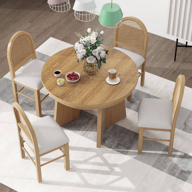 5 PCS Retro Functional Extendable Dining Set for 4 with 4 Upholstered Chairs with Rattan Backrests