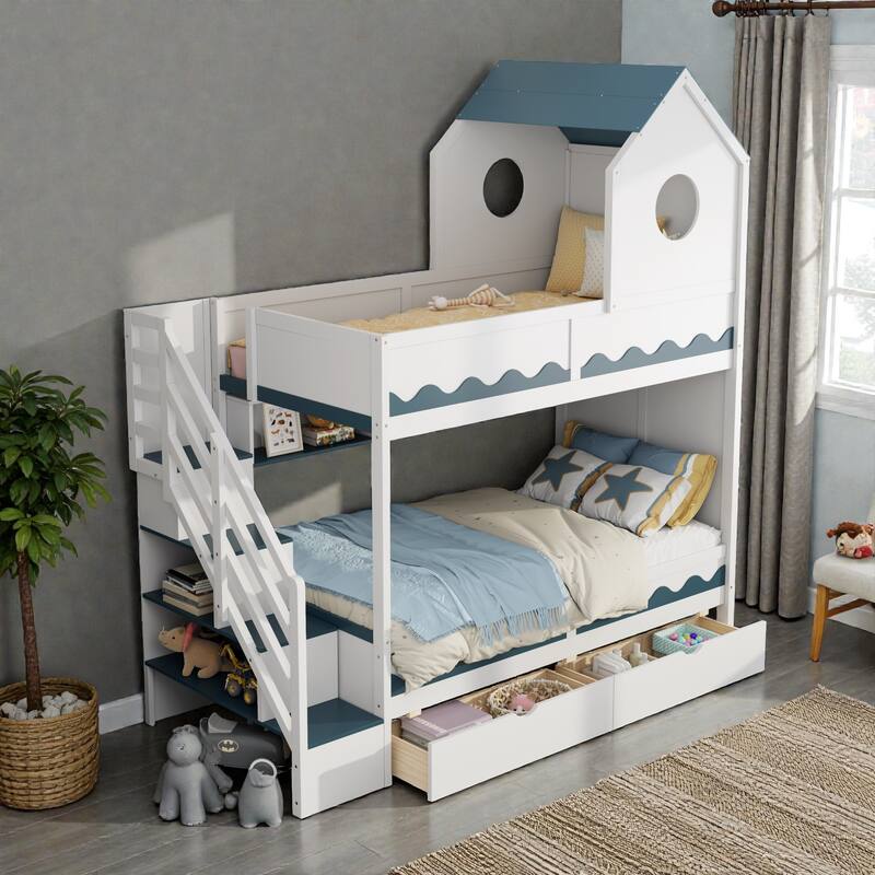 Twin Over Twin Bunk Bed with House Design, Staircase Storage Drawers and LED Lights, Kids Castle Bunk Bed