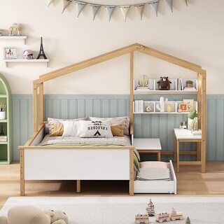 Full House Bed with Built-in Desk and Bookshelves, Pine Wood Frame