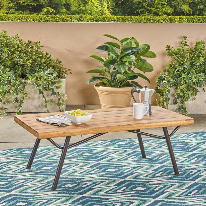 Roomfitters Acacia Wood Outdoor Coffee Table with Slatted Top, Patio Accent Table with Metal Legs for Garden or Balcony, Natural