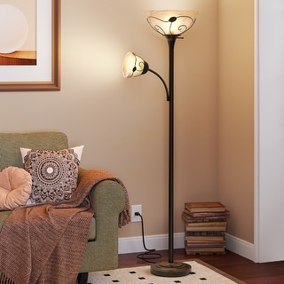 Moasis 71" Traditional Torchiere Floor Lamp with Adjustable Reading Light, Alabaster glass shades - 71"H