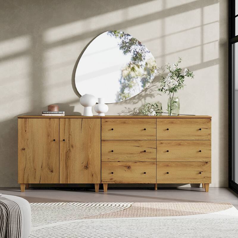 Wood Dresser with 6 Drawers and 1 Cabinet for Bedroom, 83" Wide - Oak Brown