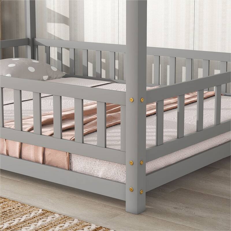 Full Size Floor Wooden Bed with House Roof Frame, Fence Guardrails