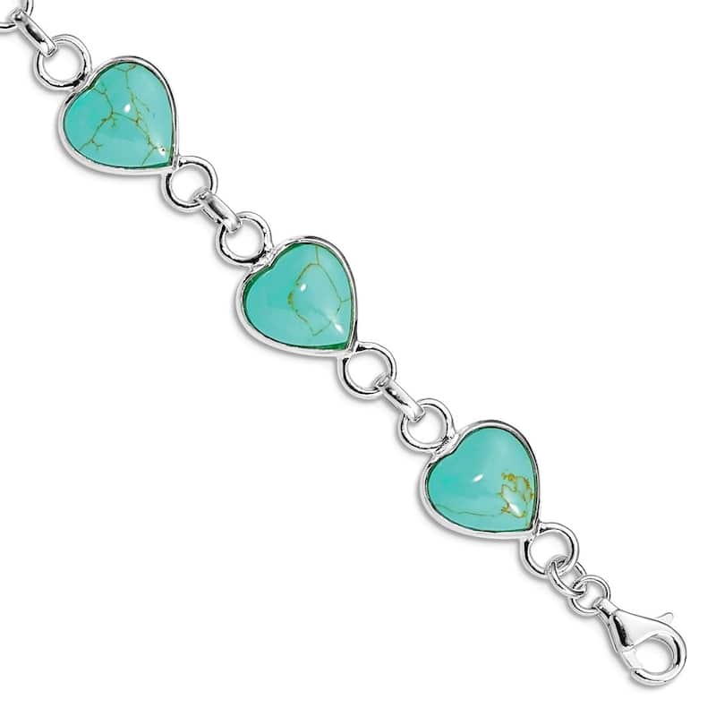 Curata 925 Sterling Silver 7" Heart shaped Created Turquoise Station Bracelet