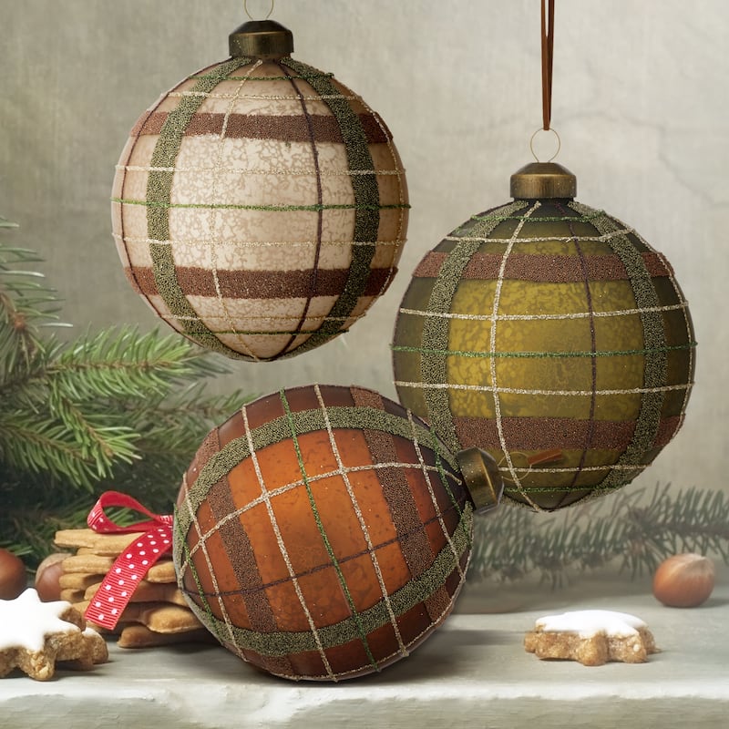 4" Glass Matte Plaid Ball Ornament Set of 6
