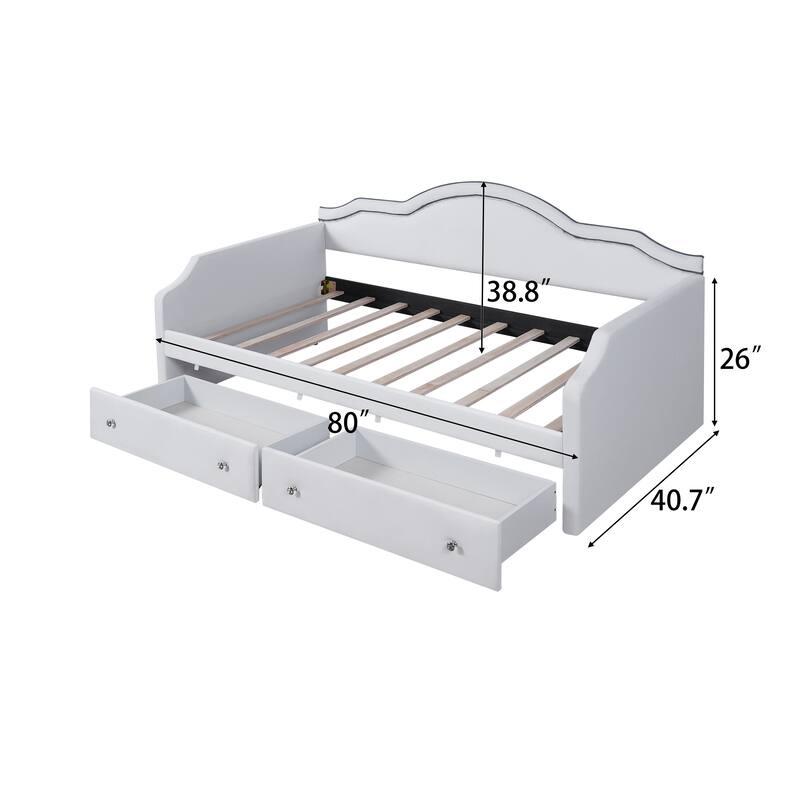 Roomfitters Twin Size Upholstered Daybed with LED Light Strip and Underbed Storage Drawers, Wave Shape Padded Frame, White