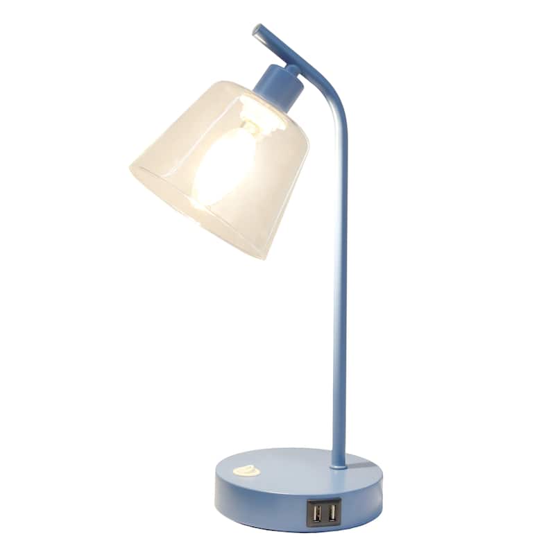 Modern Industrial Desk Lamp with Clear Glass Shade and Dual USB Charging Ports Multiple Colors - 8" (L) x 5.5" (W) x 15.75" (H)