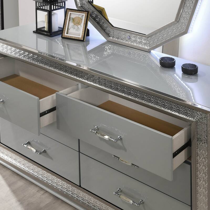 Furniture of America Rosdale Glam 5-Piece Metallic Grey Wood 7-Sided LED Headboard Platform Bedroom Set with Rectangular Mirror