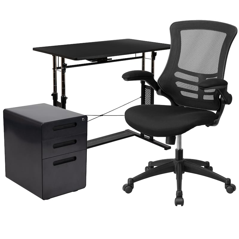 Office Set-Adjustable Computer Desk, Ergonomic Mesh Office Chair, Filing Cabinet - Black