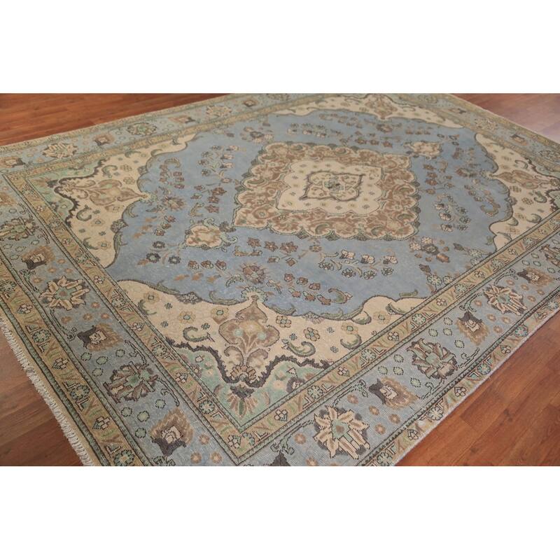 Light Blue Tabriz Persian Area Rug Hand-Knotted Oriental Wool Carpet - 7'10"x 11'1"
