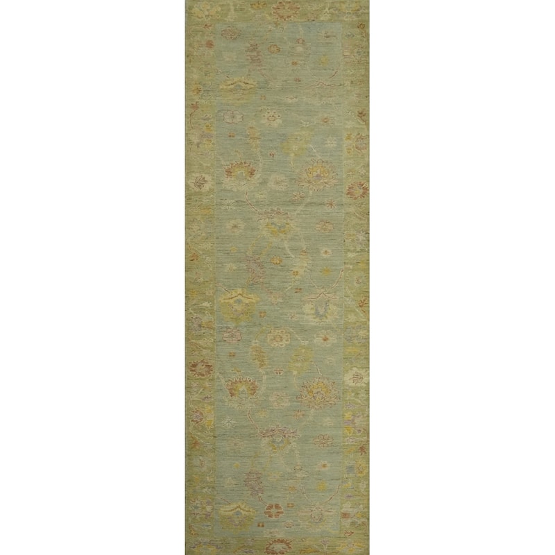 Vegetable Dye Wool Oushak Turkish Runner Rug, Floral Geometric - 11' 7'' X 3' 1''