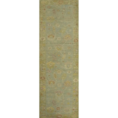 Vegetable Dye Wool Oushak Turkish Runner Rug, Floral Geometric - 11' 7'' X 3' 1''