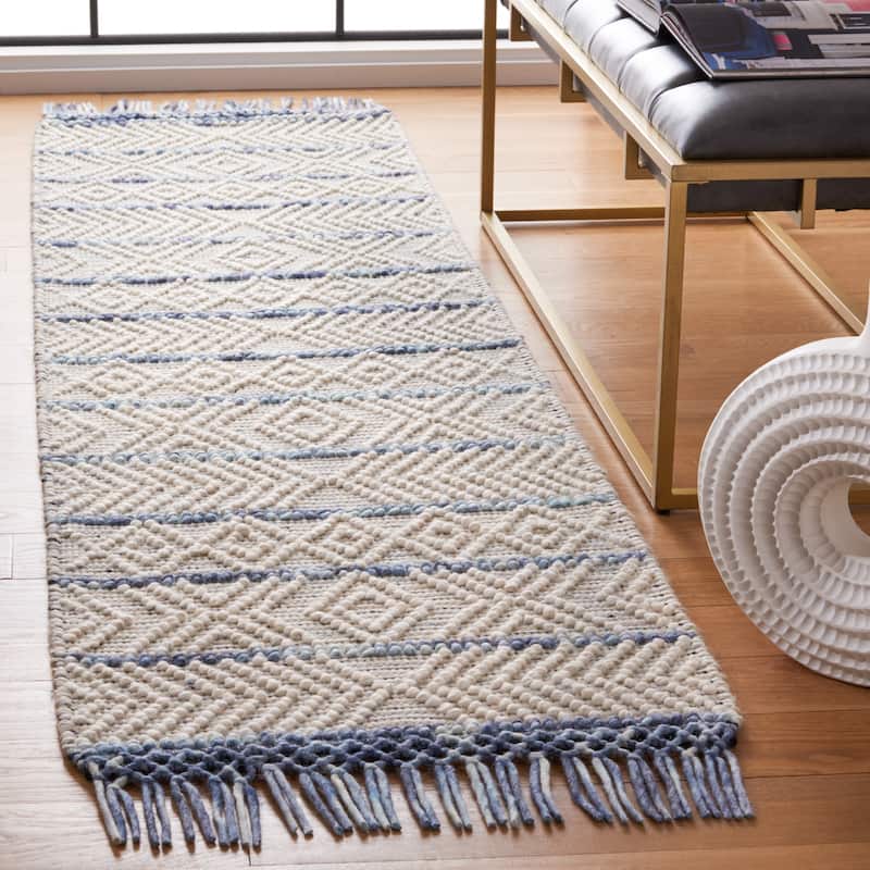 SAFAVIEH Handmade Natura Habibe Boho Fringe Wool Rug - 2'3" x 8' Runner - Ivory/Blue