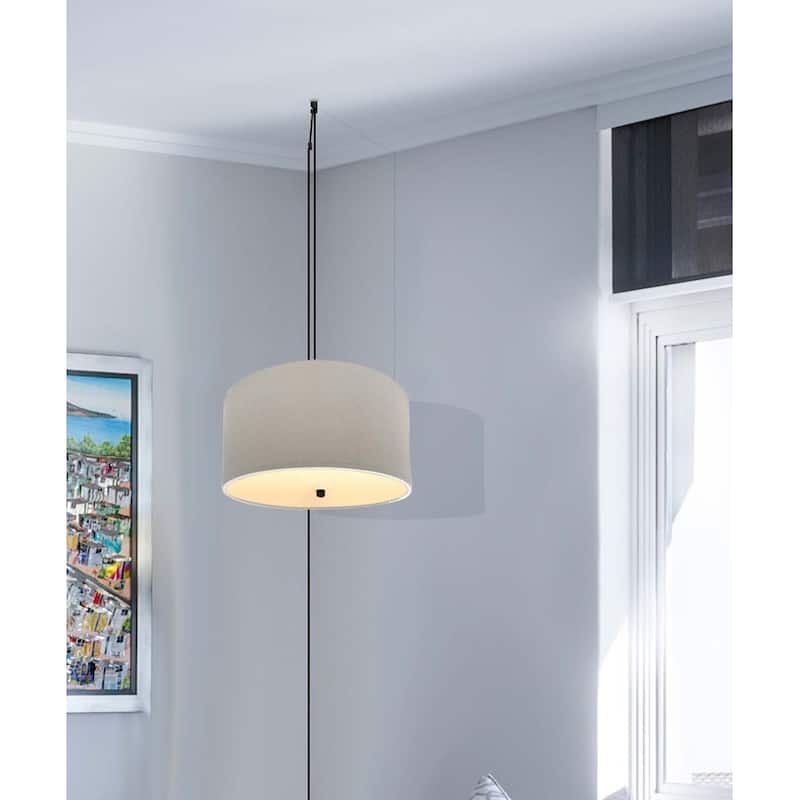 2 Light Swag Plug-In Pendant 16"w Light Oatmeal Linen Drum with Diffuser, Black Cord