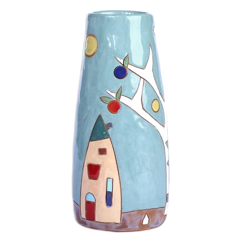 Novica Handmade Pomegranate Tree In Teal Glazed Ceramic Vase
