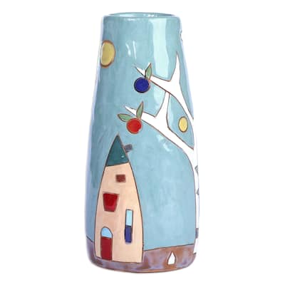 Novica Handmade Pomegranate Tree In Teal Glazed Ceramic Vase