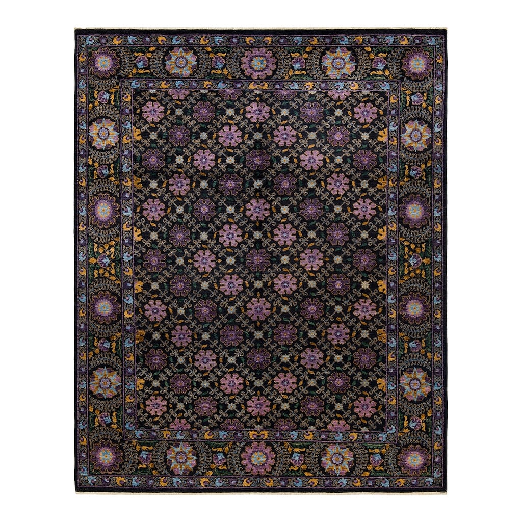 Overton Hand Knotted Wool Vintage Inspired Modern Contemporary Suzani Black Area Rug - 8' 2" x 10' 2"