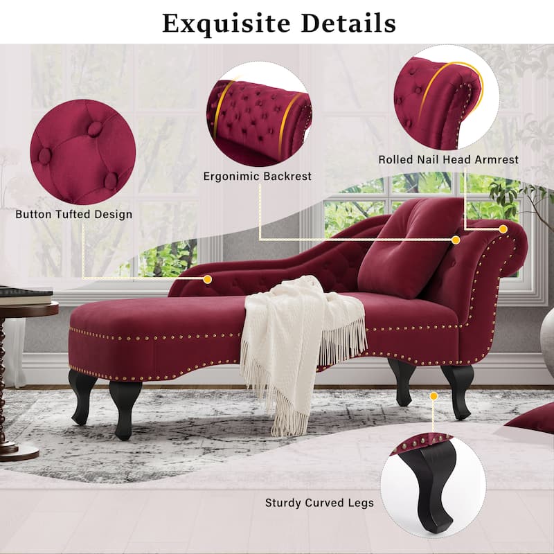 Christopher Knight Home - Bressi Modern Velvet Upholstered Chaise Lounge with Tufted Backrest, Nailhead Trim & Pillow